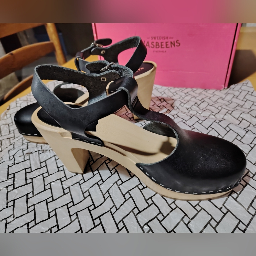 Clogs Wooden Shoes Swedish Hasbeens Black Leather Natural Wood Color Size 39